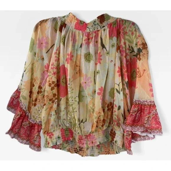 Aratta Silent Journey Daisy Floral Ruffled Cotton Blouse Off The Shoulder Large - Picture 7 of 14